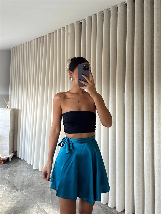 Belden Bağlamalı Saten Etek Petrol Mavisi - Petrol Mavisi