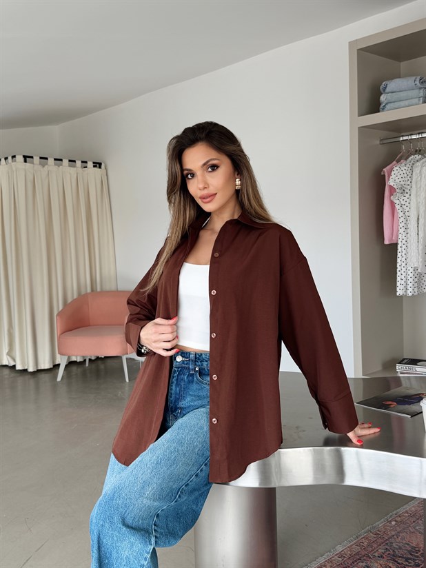 Gizli Pat Düğmeli Gömlek - Kahve