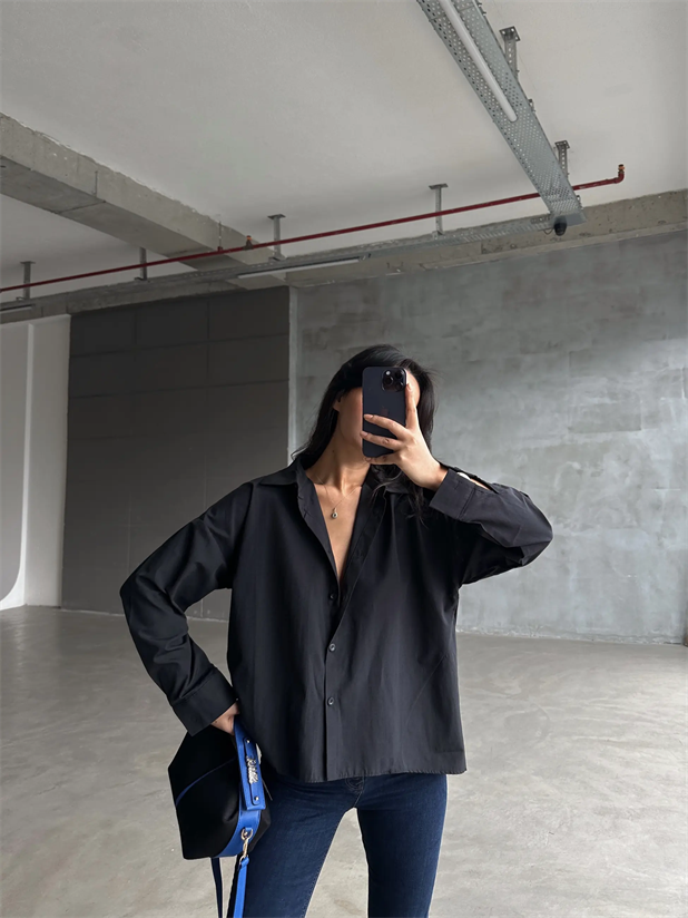 Asimetrik Dikiş Detay Gömlek Siyah - Siyah