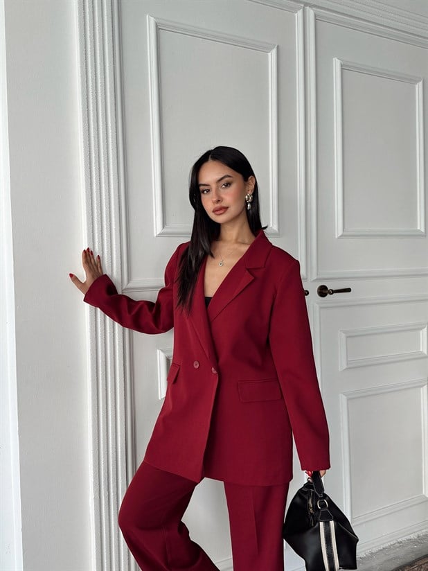 Çift Düğme Oversize Blazer  - Bordo