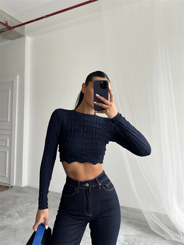 Labirent Desen Crop Triko Kazak Lacivert - Lacivert