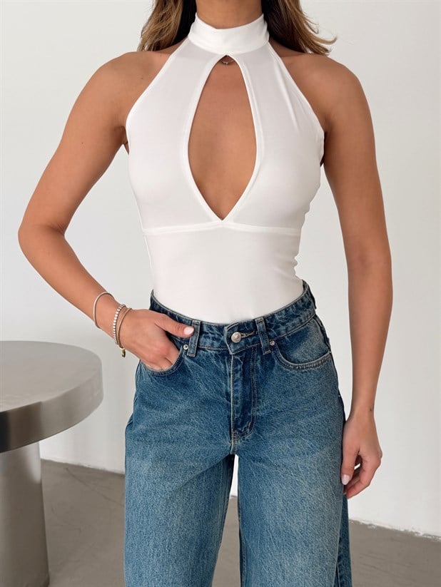 Yan Büzgü Dekolte Bodysuit Beyaz - Beyaz
