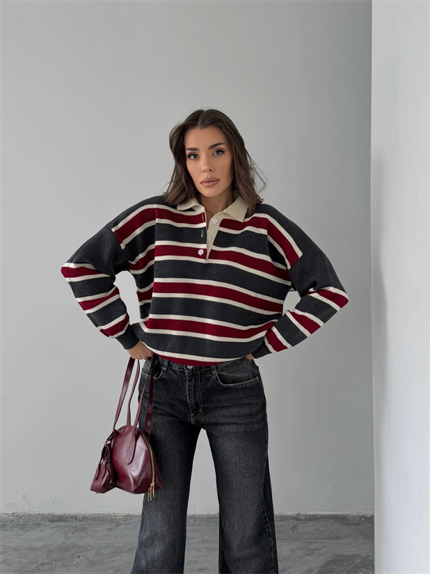 Polo Yaka Çizgili Triko - Bordo-Antrasit