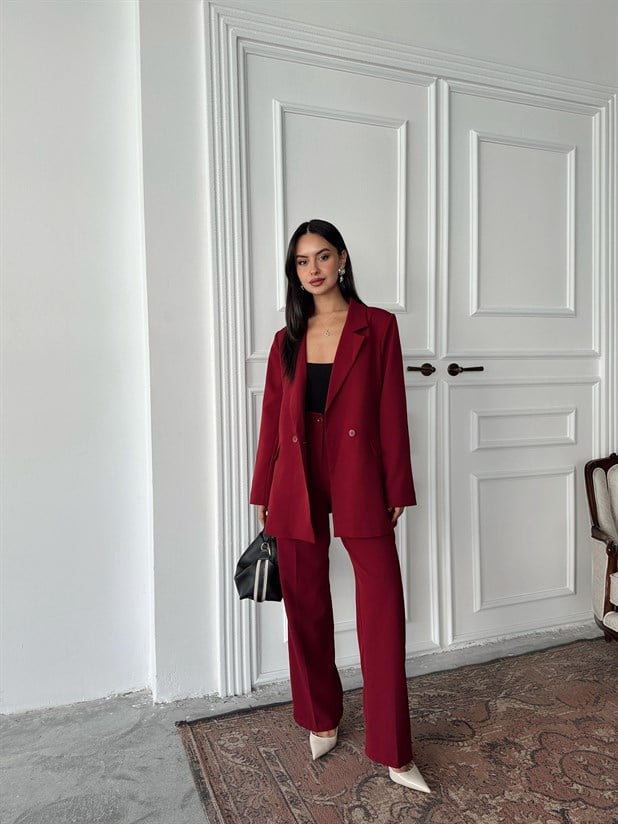 Çift Düğme Oversize Blazer  - Bordo
