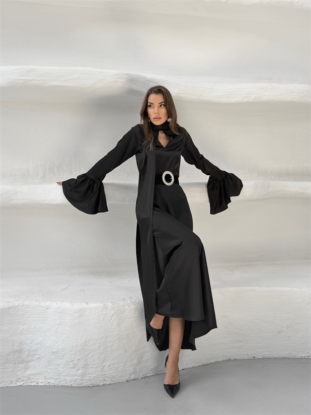 Fular Detay İspanyol Kol Saten Bluz - Siyah