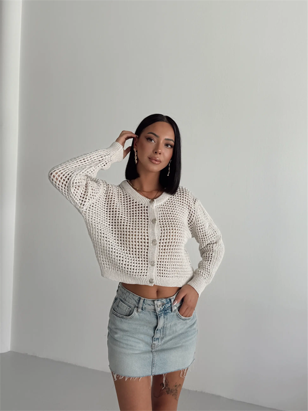 Simli Crop Hırka  - Krem