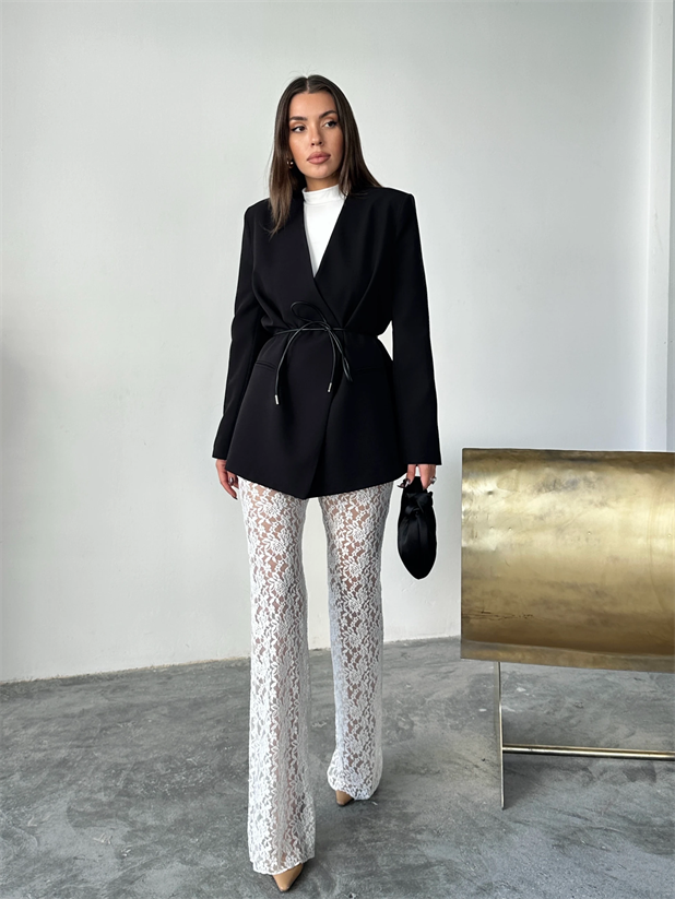 Deri Kemerli Blazer Ceket - Siyah