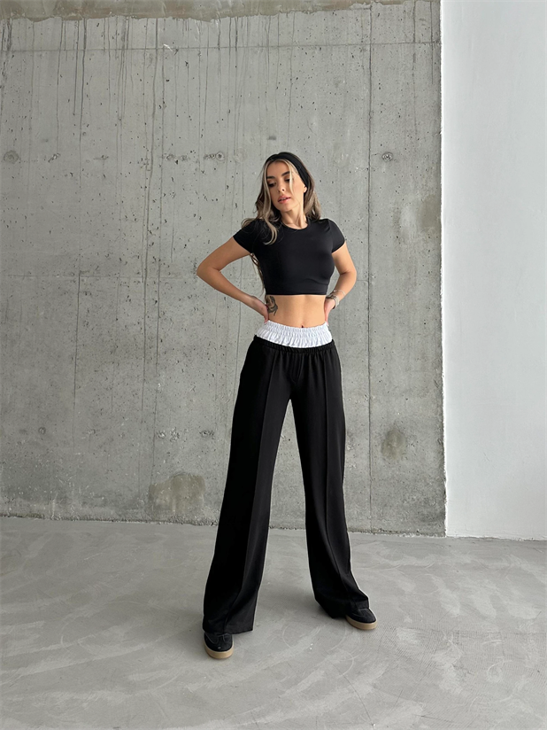 İzya Beli Lastikli Palazzo Eşofman Siyah - Siyah