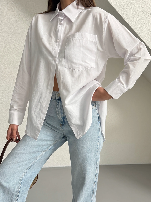 Tek Cep Boyfriend Gömlek - Beyaz