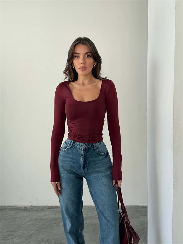 U Yaka Yan Büzgü Bluz - Bordo