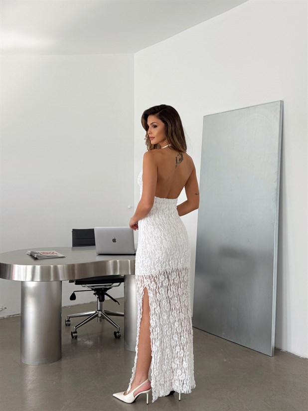 Boyundan Geçmeli Astarlı Dantel Elbise - Ekru