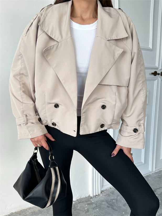 Dört Düğmeli Crop Trençkot - Taş