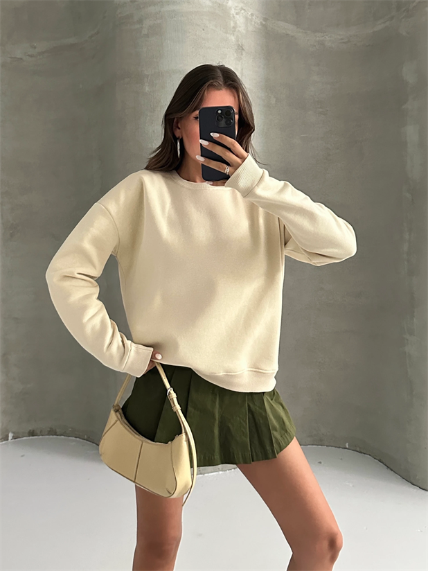 Düz Basic Sweatshırt - Taş