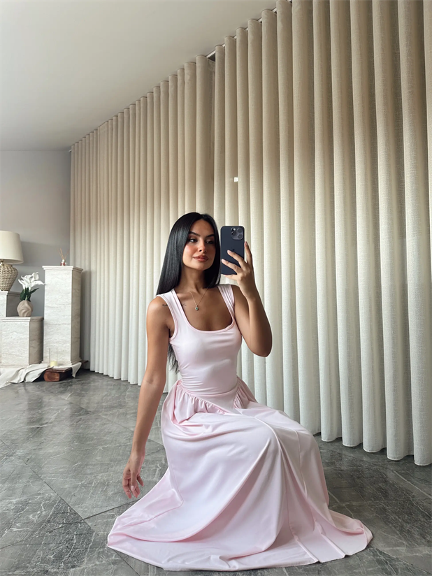 Korse Detaylı Midi Elbise - Pembe