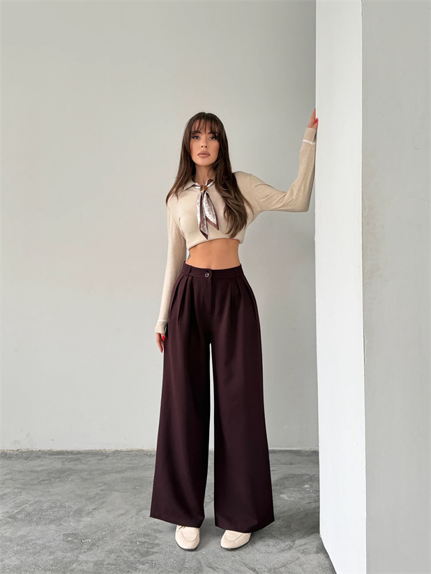 Üç Pile Palazzo Pantolon - Mürdüm