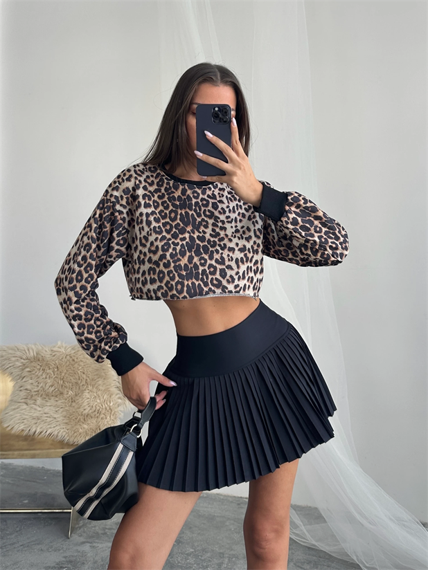 Dikişsiz Crop Sweat - Leopar
