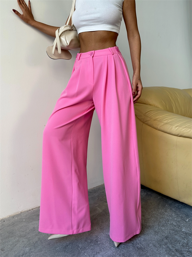 Yandan Katlama Düğme Detay Palazzo - Pembe