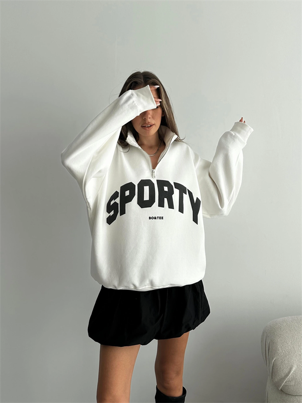 Sporty Yarım Fermuar Sweat - Ekru