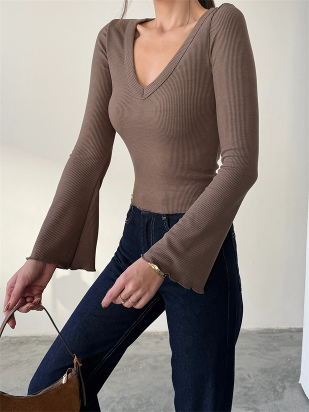 V Yaka İspanyol Kol Bluz - Kahve