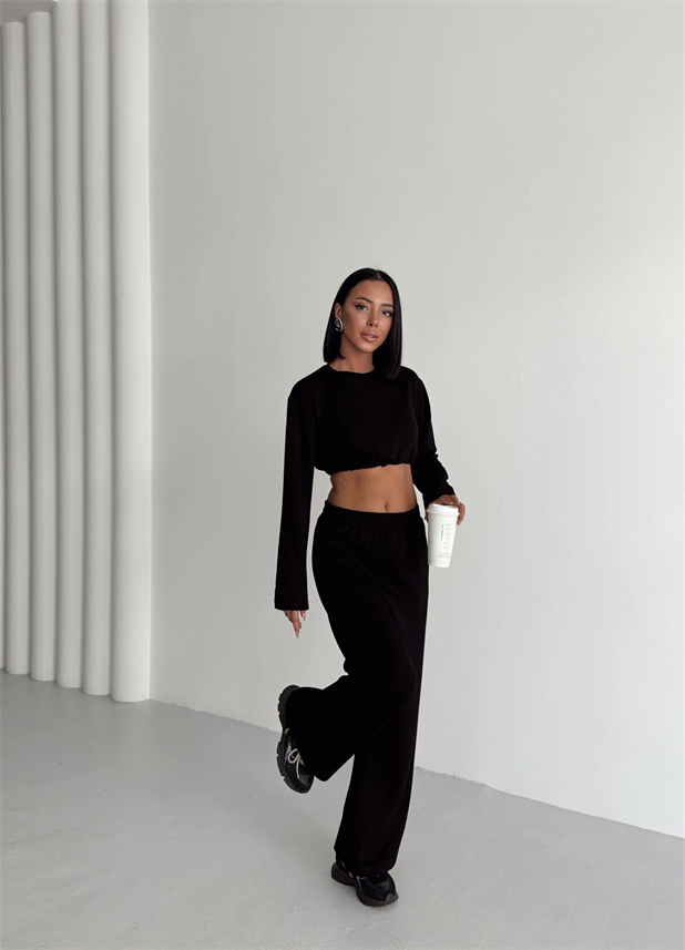 Bağcık Detay İkili Eşofman Takım Siyah - Siyah