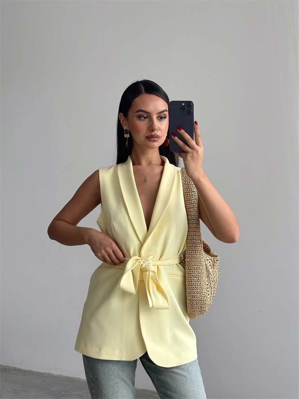 Bağlamalı Blazer Yelek  - Sarı