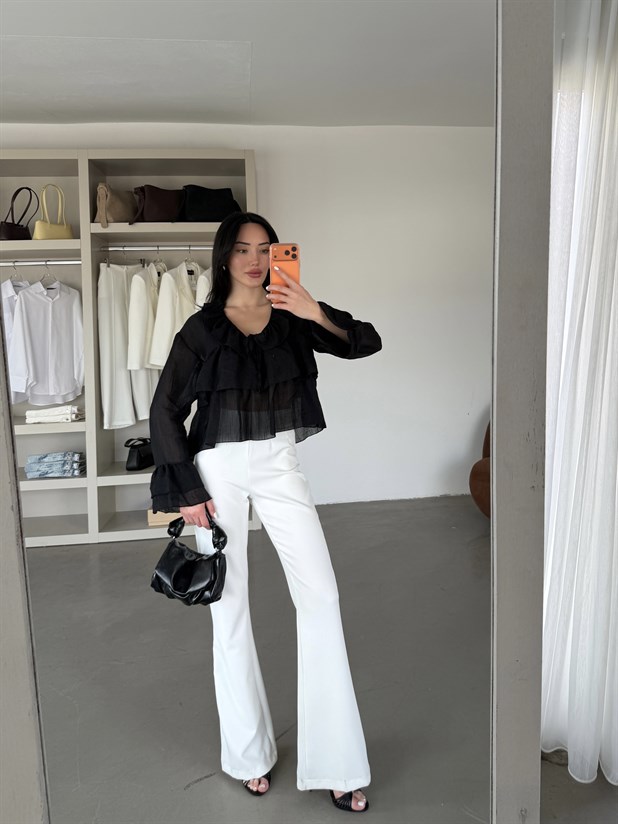 Fırfır Detaylı Bluz - Siyah