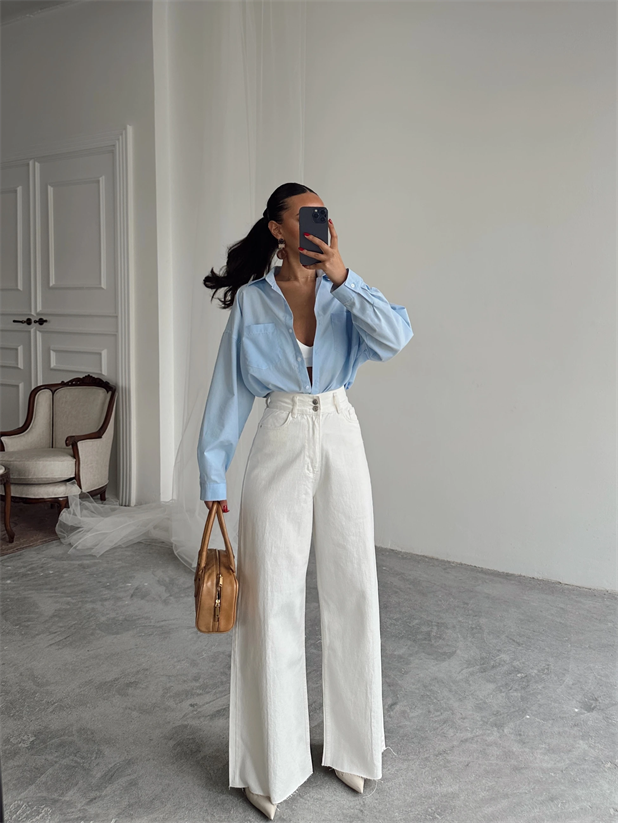 Geniş Kemerli Baggy Jean  - Beyaz