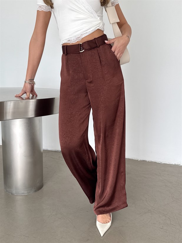 Kemerli Saten Pantolon - Kiremit