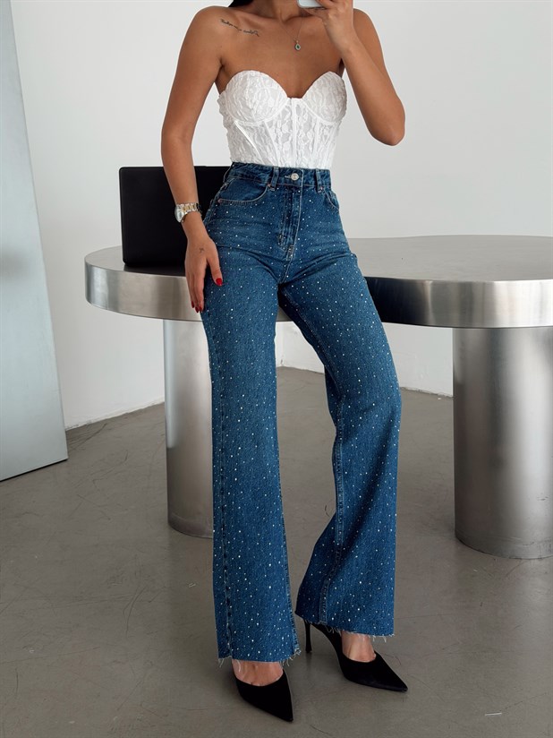 Premium Parlak Taş Detaylı Jean  - Mavi
