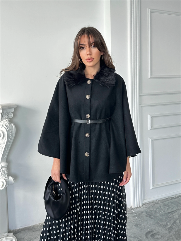 Yakası Kürklü Panço - Siyah