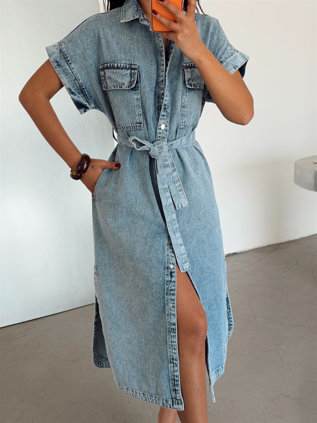Bağlamalı Kısa Kol Denim Elbise - Buz Mavi