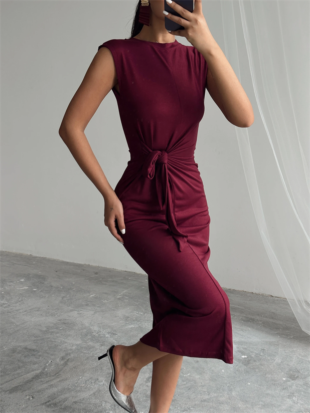 Yandan Bağlamalı Elbise - Mürdüm