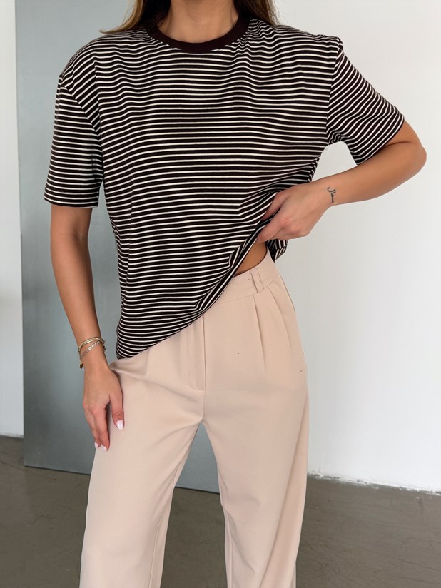 Çizgili Kısa Kol Basic - Kahve