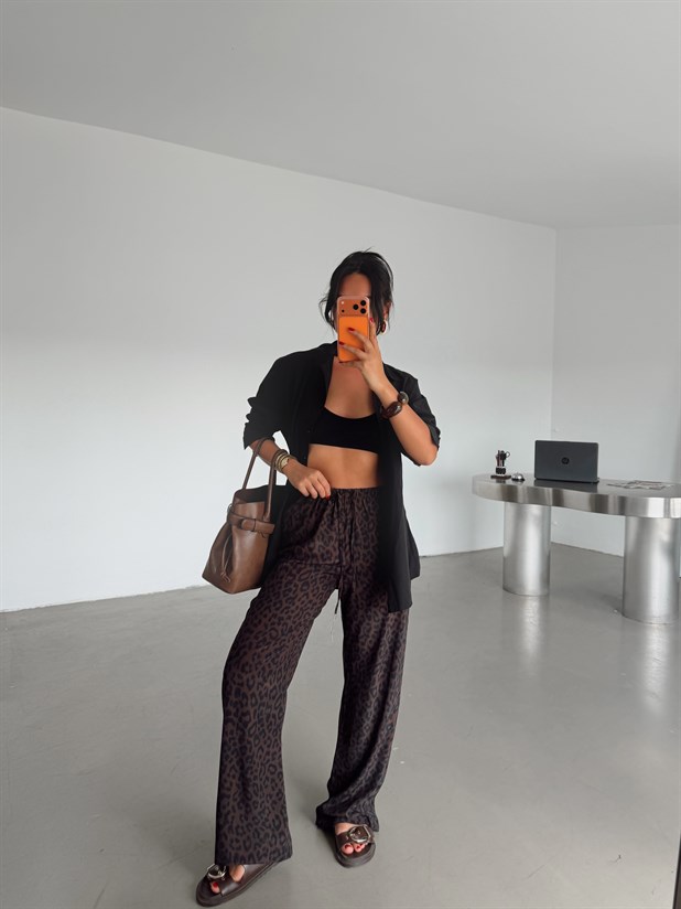 Desenli Parlak Keten Pantolon - Kahve