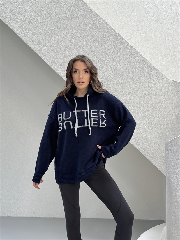 Kapüşonlu Butter Triko Kazak - Lacivert