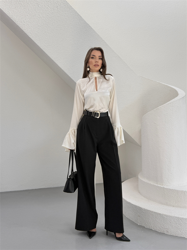 Çift Pileli Palazzo Pantolon - Siyah