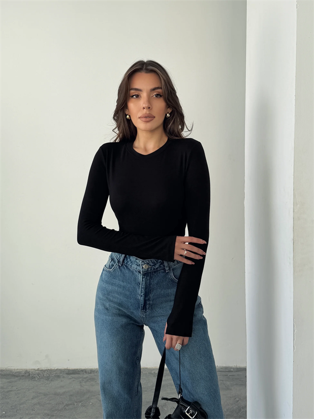 Parmak Geçirmeli Bluz - Siyah