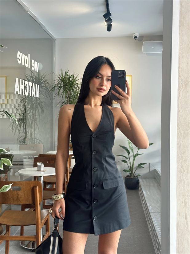 Boyundan Bağlamalı Düğmeli Mini Elbise - Siyah