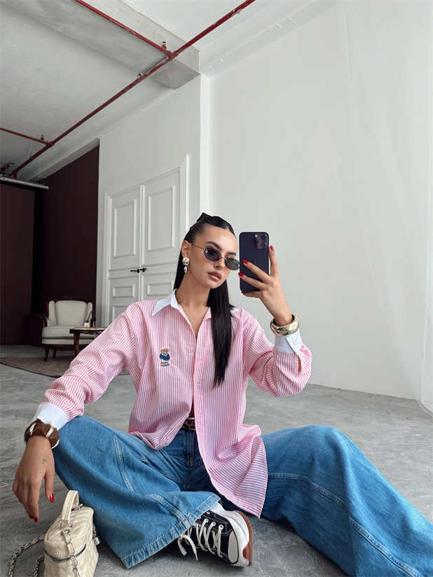 Çizgili Ayıcıklı Gömlek - Pembe
