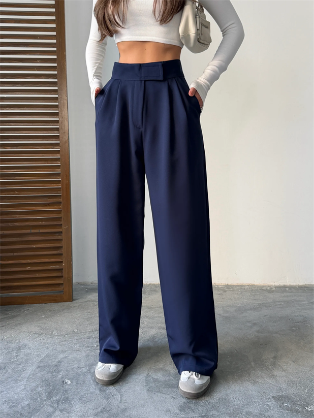 Bel Cırtlı Palazzo Pantolon  - Lacivert