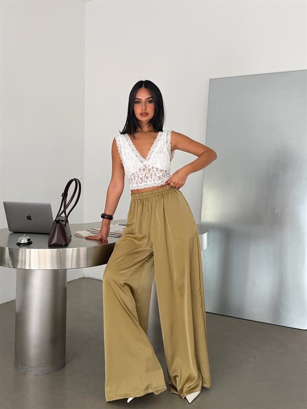 Bol Paça Saten Pantolon - Yağ Yeşili