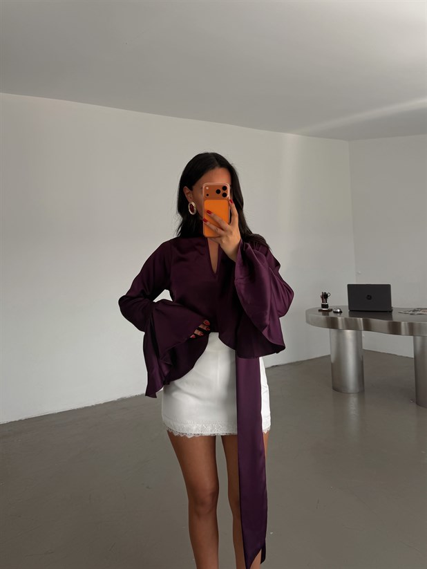 Fular Detay İspanyol Kol Saten Bluz - Mürdüm