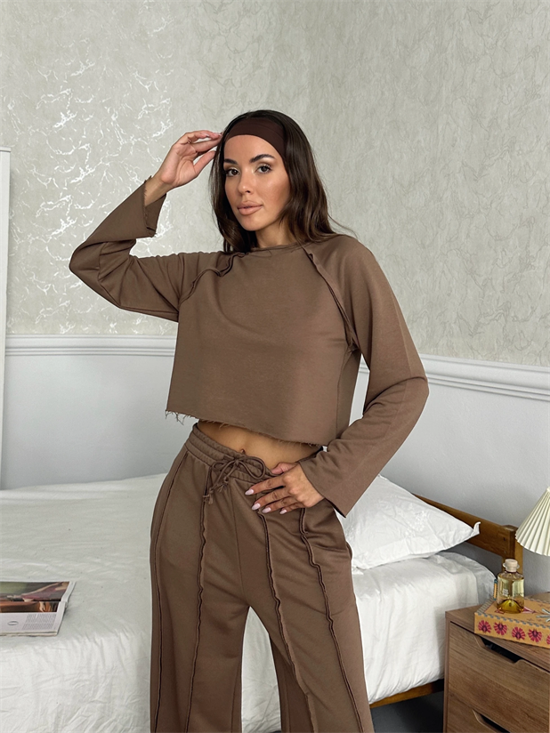 Uzun Kol Ters Dikiş Takım - Kahve