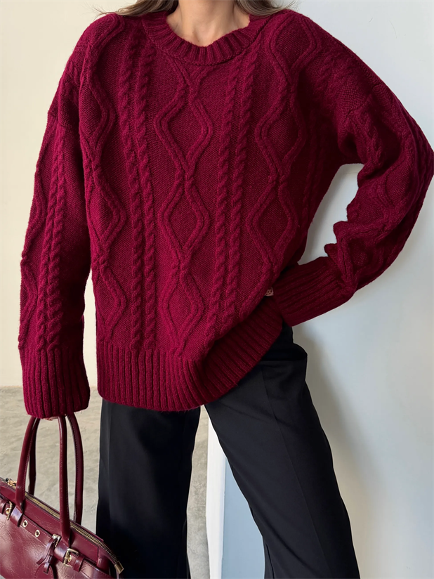 Saç Örgü Desenli Yıkamalı Triko - Bordo