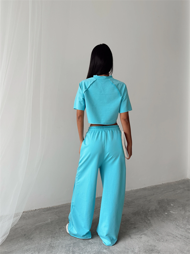 Ters Dikiş Detay Crop Takım - Mavi