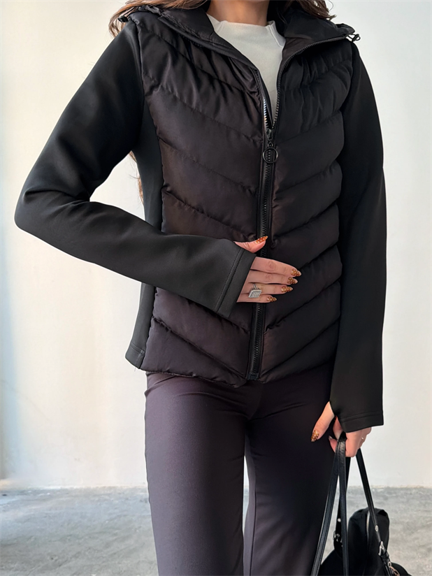 Dalgıç Detay Kapüşonlu Şişme Mont - Siyah