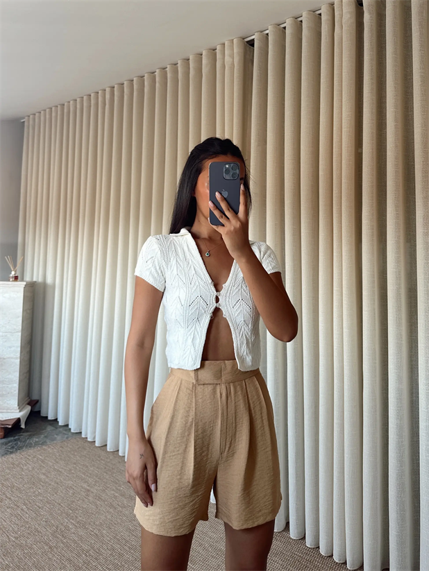 Cırtlı Keten Şort - Vizon