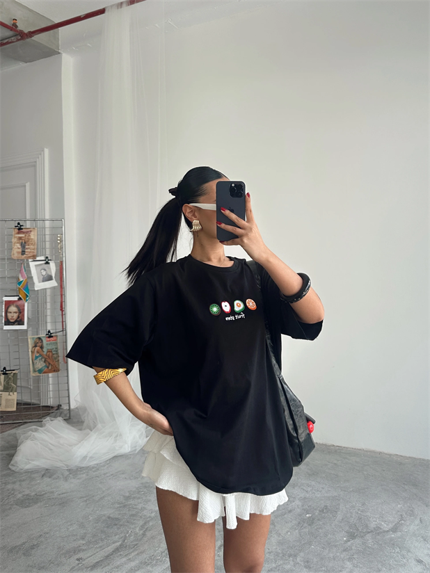 Fruit Nakış Basic T-shirt Siyah - Siyah
