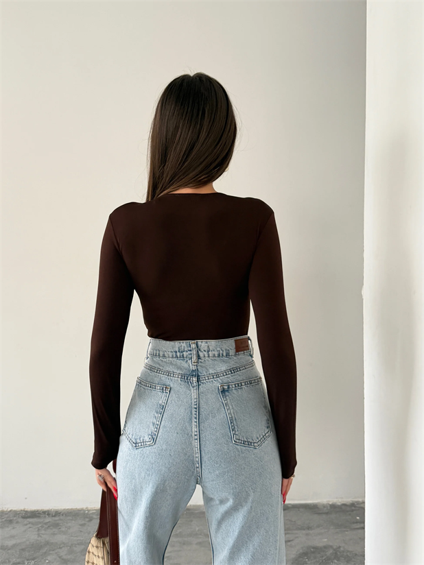 Bisiklet Yaka Bodysuit - Kahve