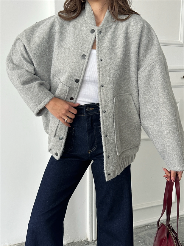 Kırçıllı Kaşe Mont - Gri